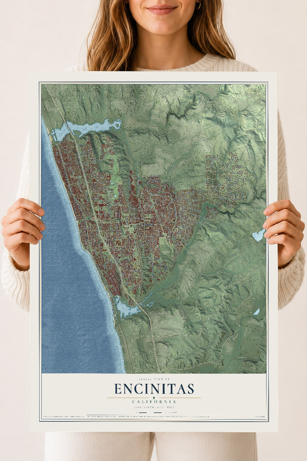 Map of Encinitas, California, 18 x 24 inch unframed archival matte print