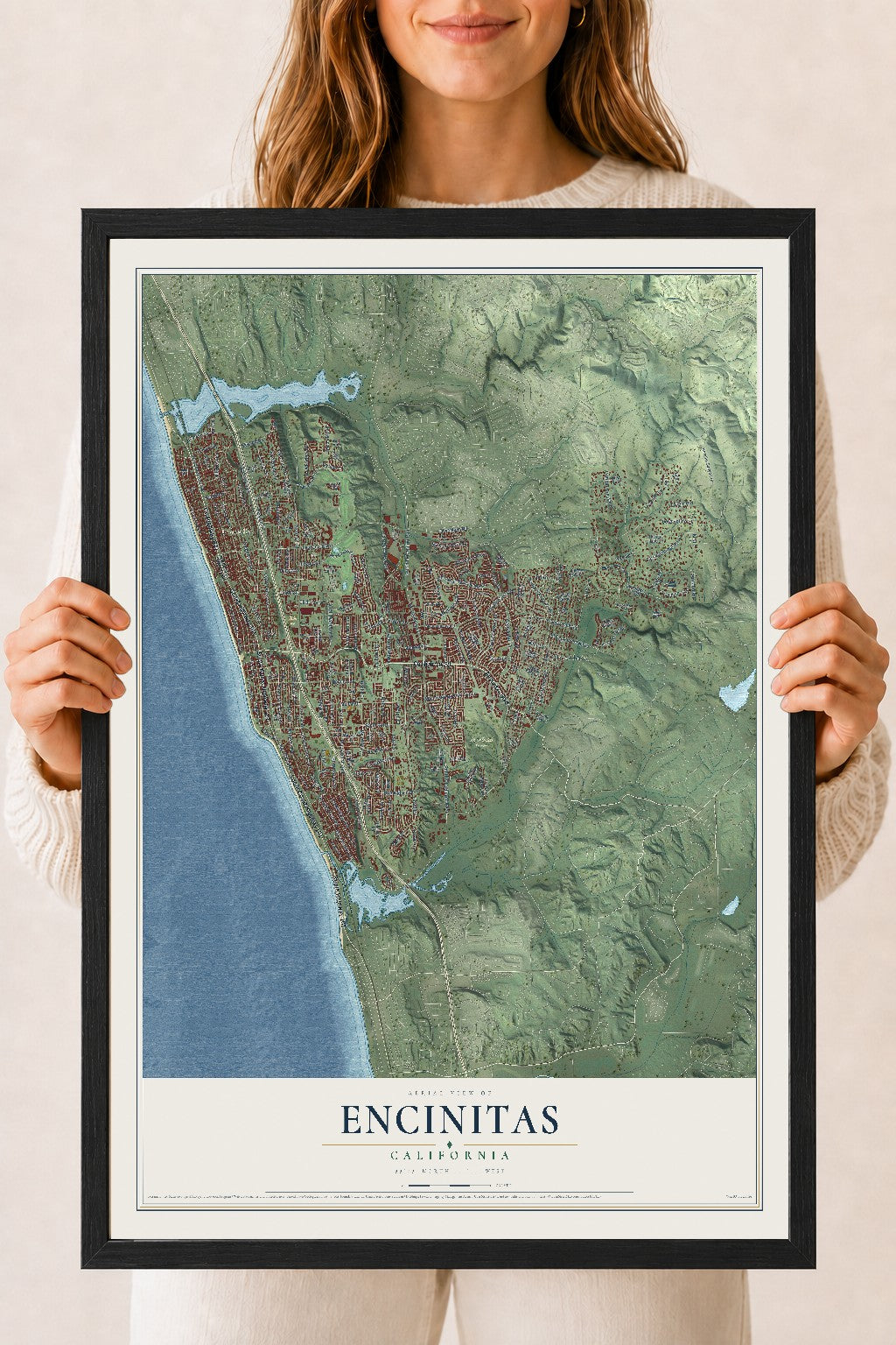 Map of Encinitas, California, 18 x 24 inch print in a black wood frame