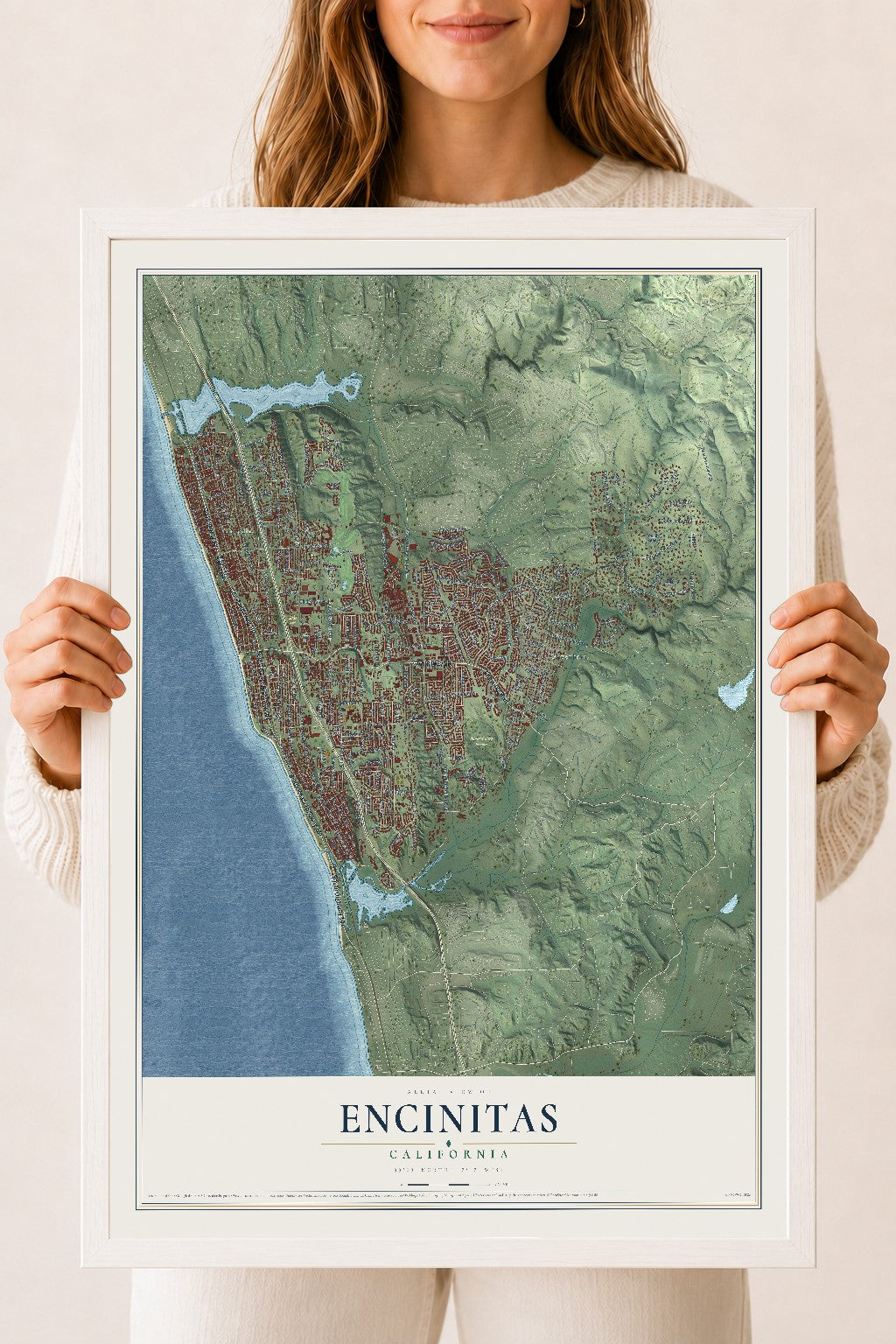 Map of Encinitas, California, 18 x 24 inch print in a white wood frame