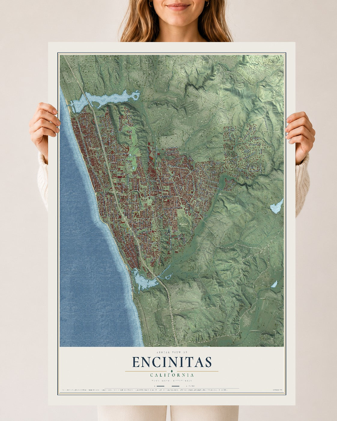 Map of Encinitas, California, 24 x 36 inch unframed archival matte print