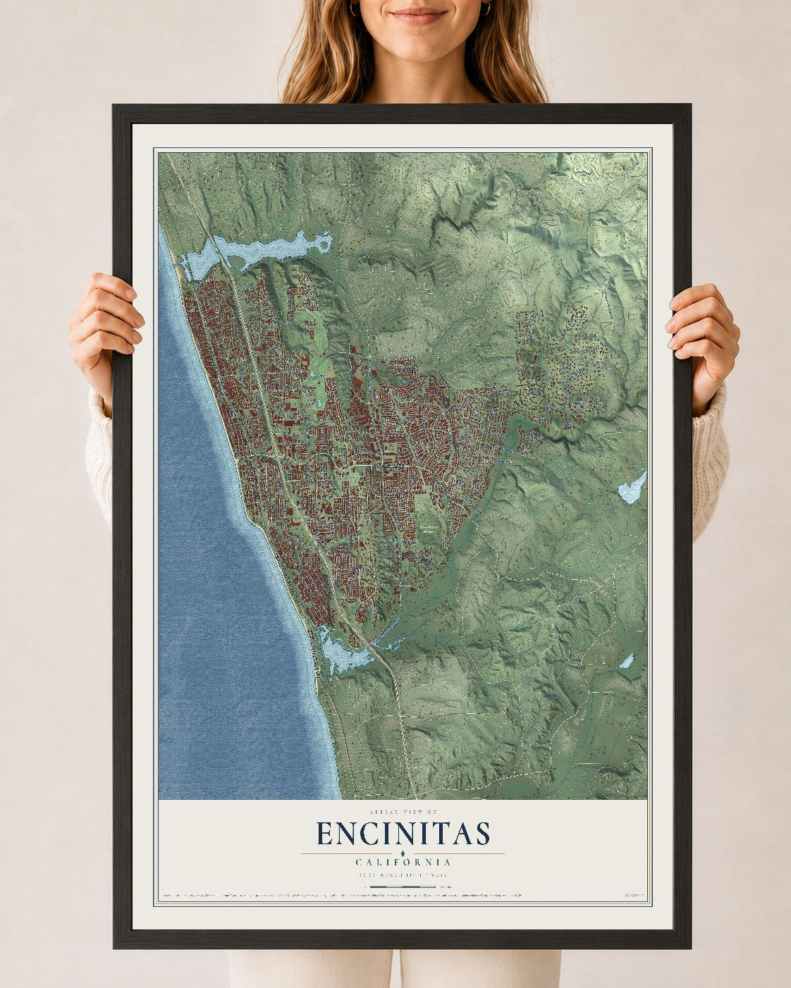Map of Encinitas, California, 24 x 36 inch print in a black wood frame