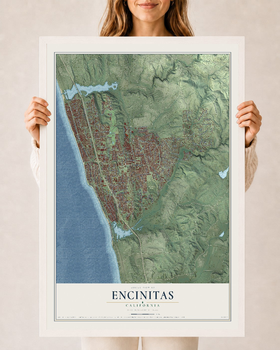 Map of Encinitas, California, 24 x 36 inch print in a white wood frame