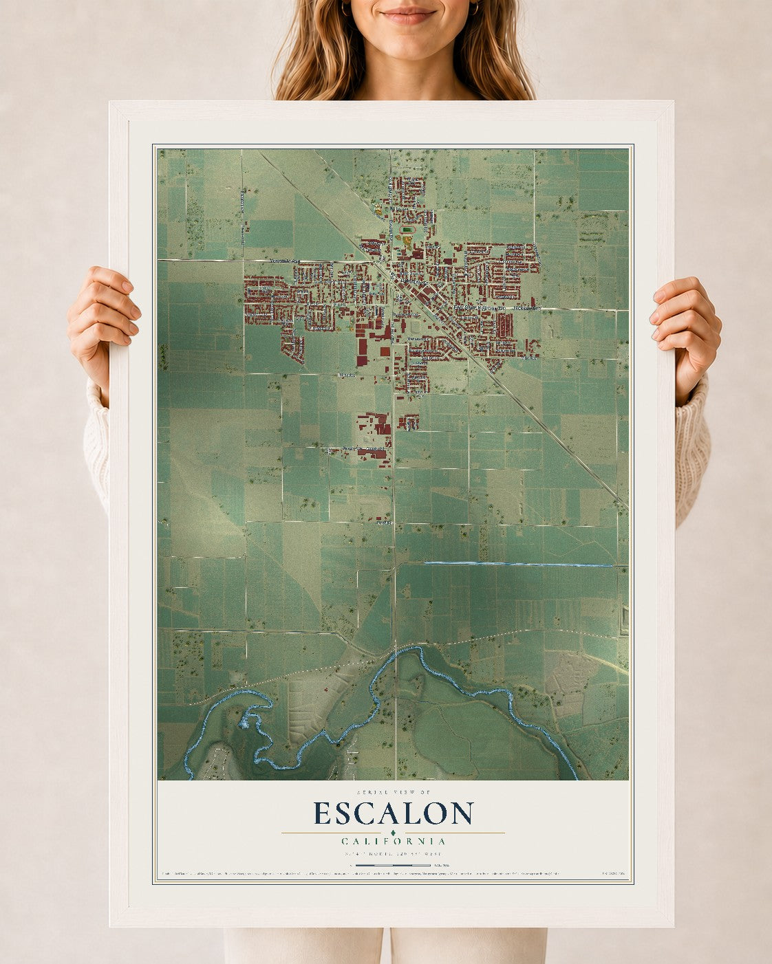 Map of Escalon, California, 24 x 36 inch print in a white wood frame