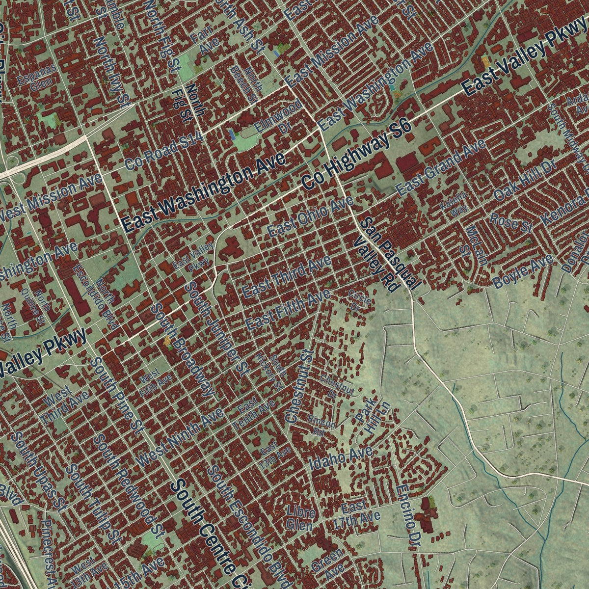Close-up of the map of Escondido, California print showing street and building detail