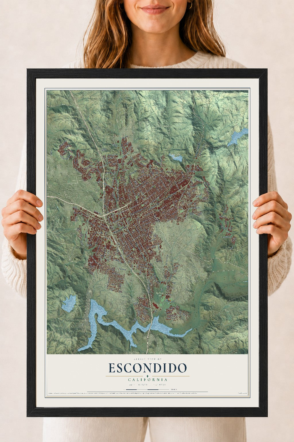 Map of Escondido, California, 18 x 24 inch print in a black wood frame