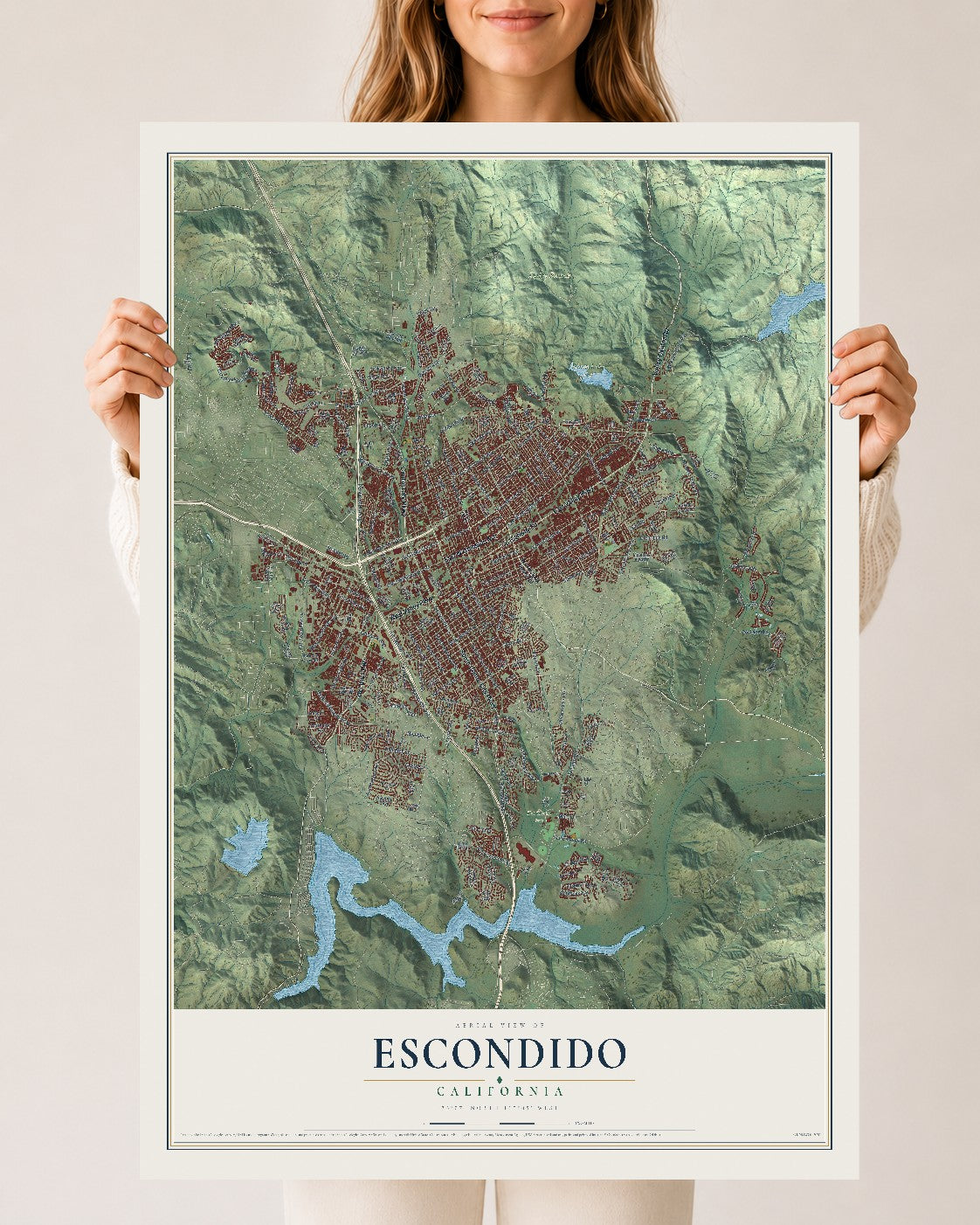 Map of Escondido, California, 24 x 36 inch unframed archival matte print