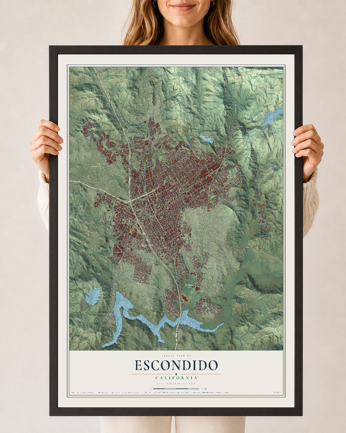 Map of Escondido, California, 24 x 36 inch print in a black wood frame