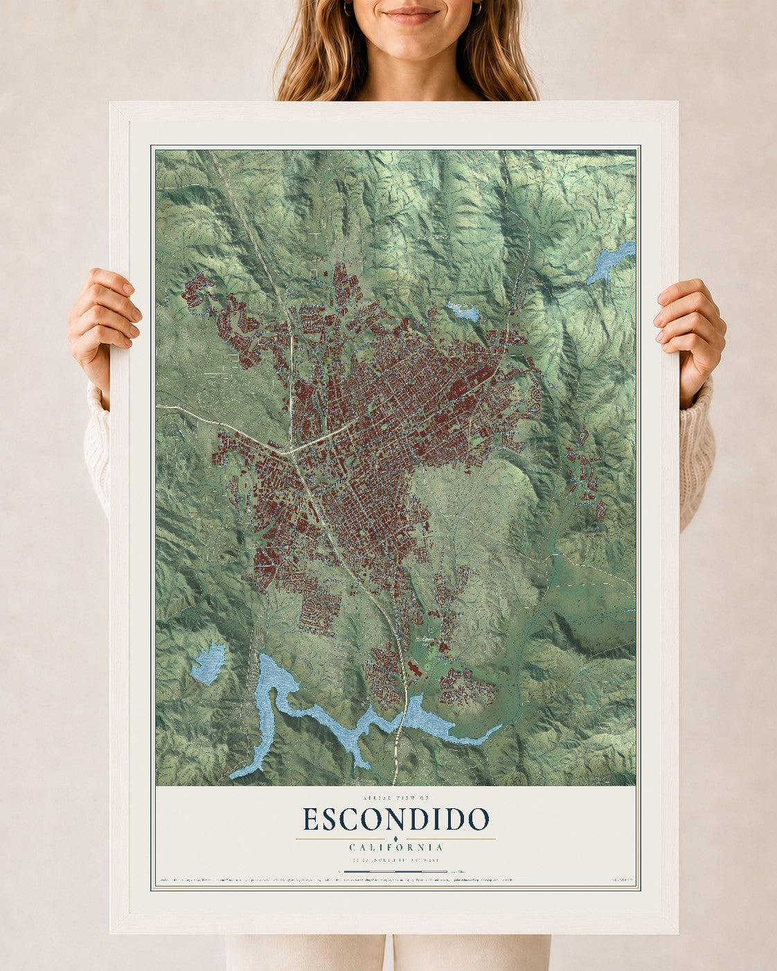 Map of Escondido, California, 24 x 36 inch print in a white wood frame