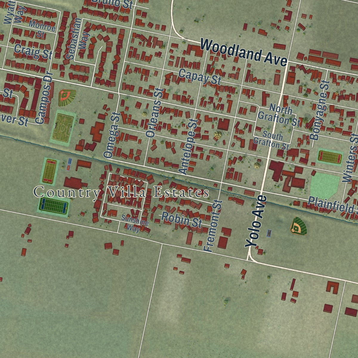 Close-up of the map of Esparto, California print showing street and building detail