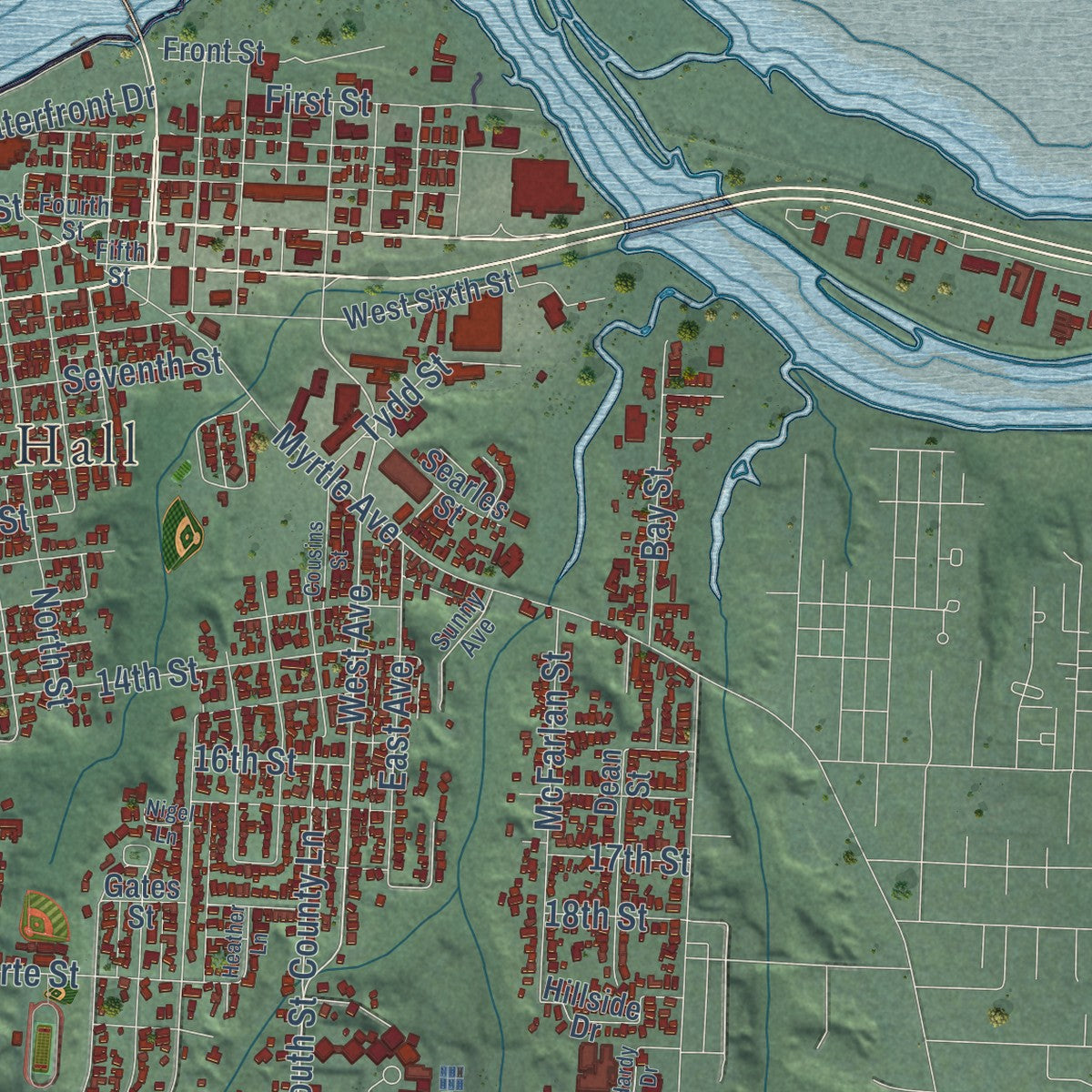 Second close-up of the map of Eureka, California print showing more streets and buildings