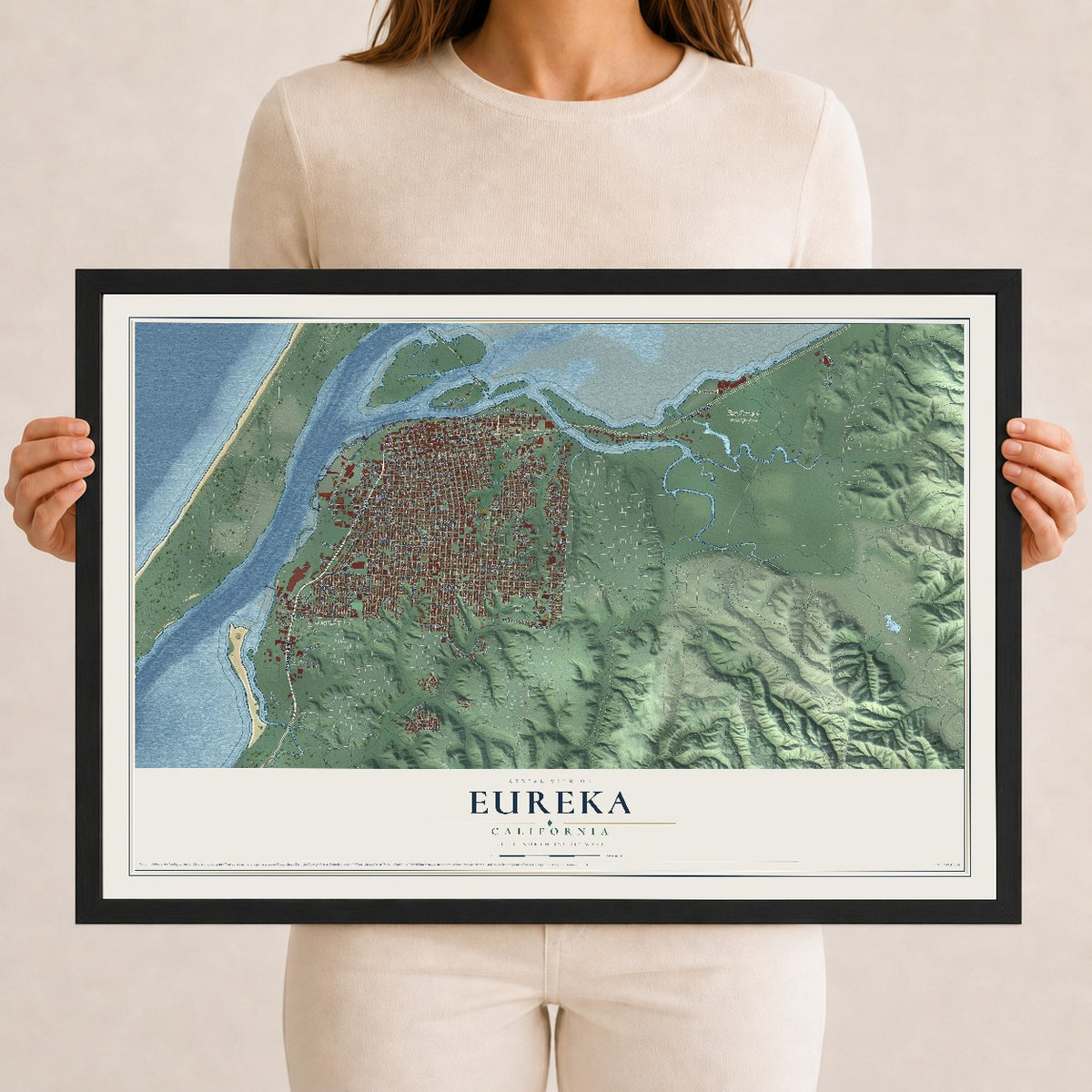 Map of Eureka, California, 12 x 18 inch print in a black wood frame