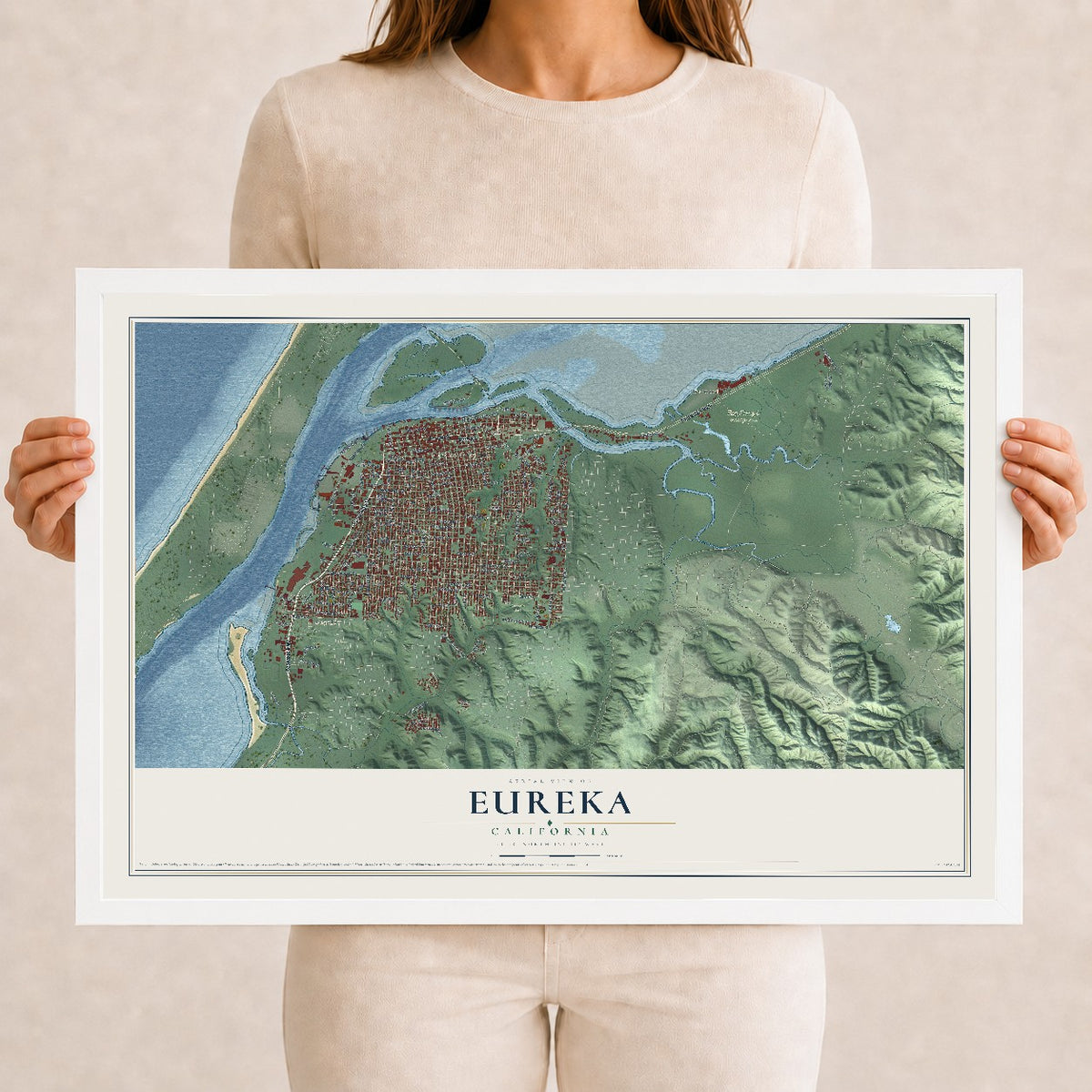 Map of Eureka, California, 12 x 18 inch print in a white wood frame
