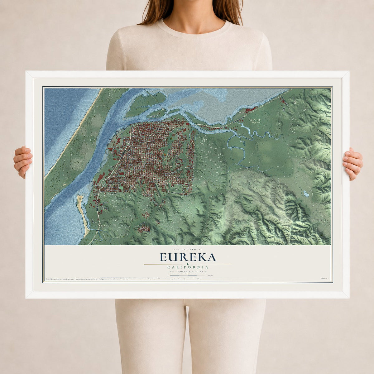Map of Eureka, California, 24 x 36 inch print in a white wood frame
