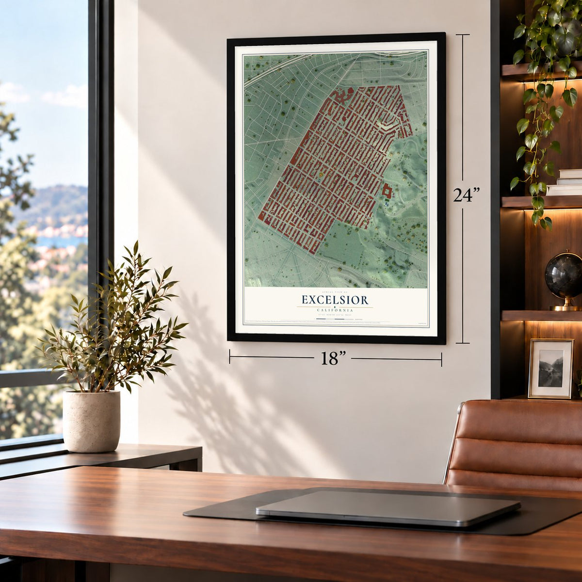 Excelsior, California map, 18 x 24 inch print in a black frame in a home office