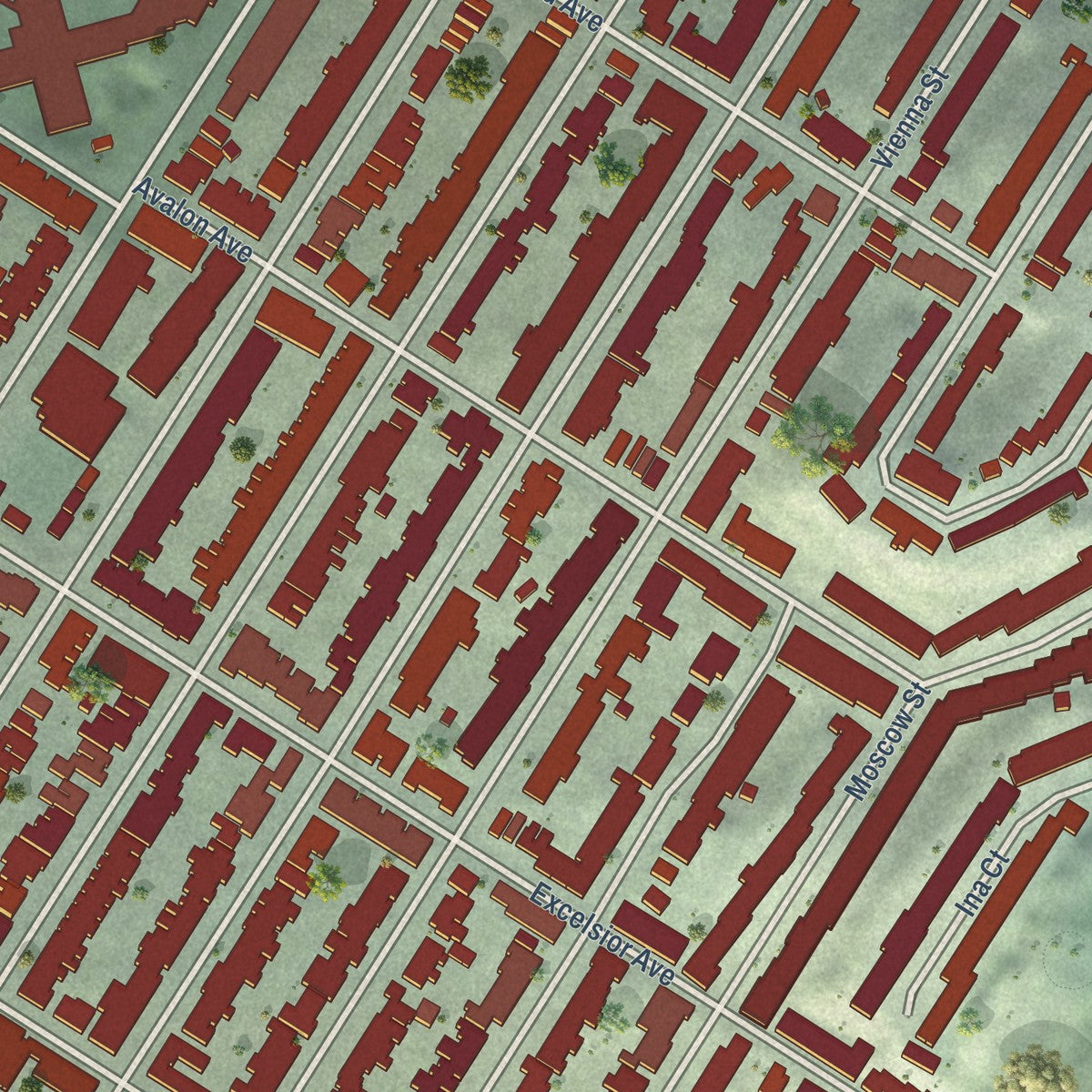 Close-up of the map of Excelsior, California print showing street and building detail
