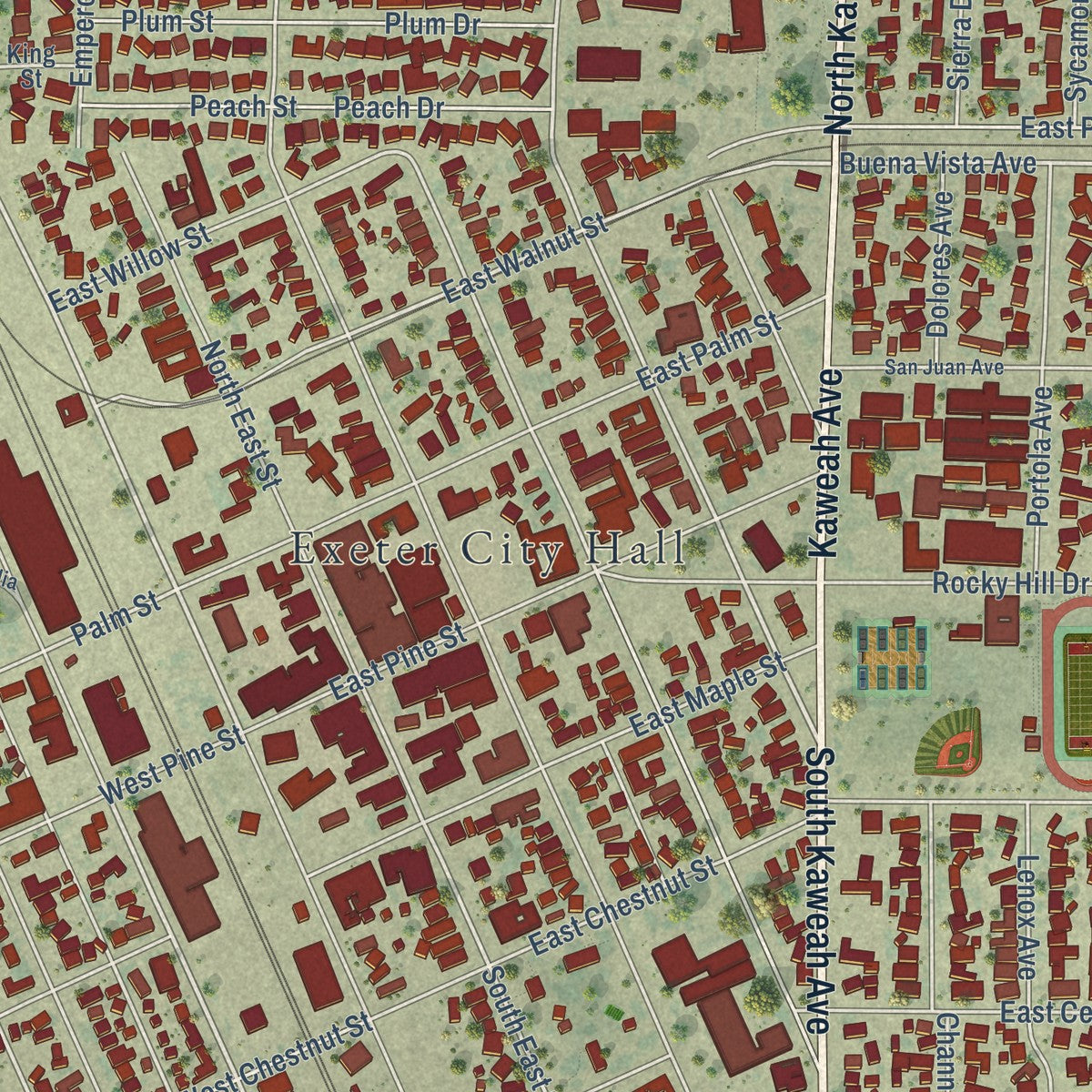 Close-up of the map of Exeter, California print showing street and building detail