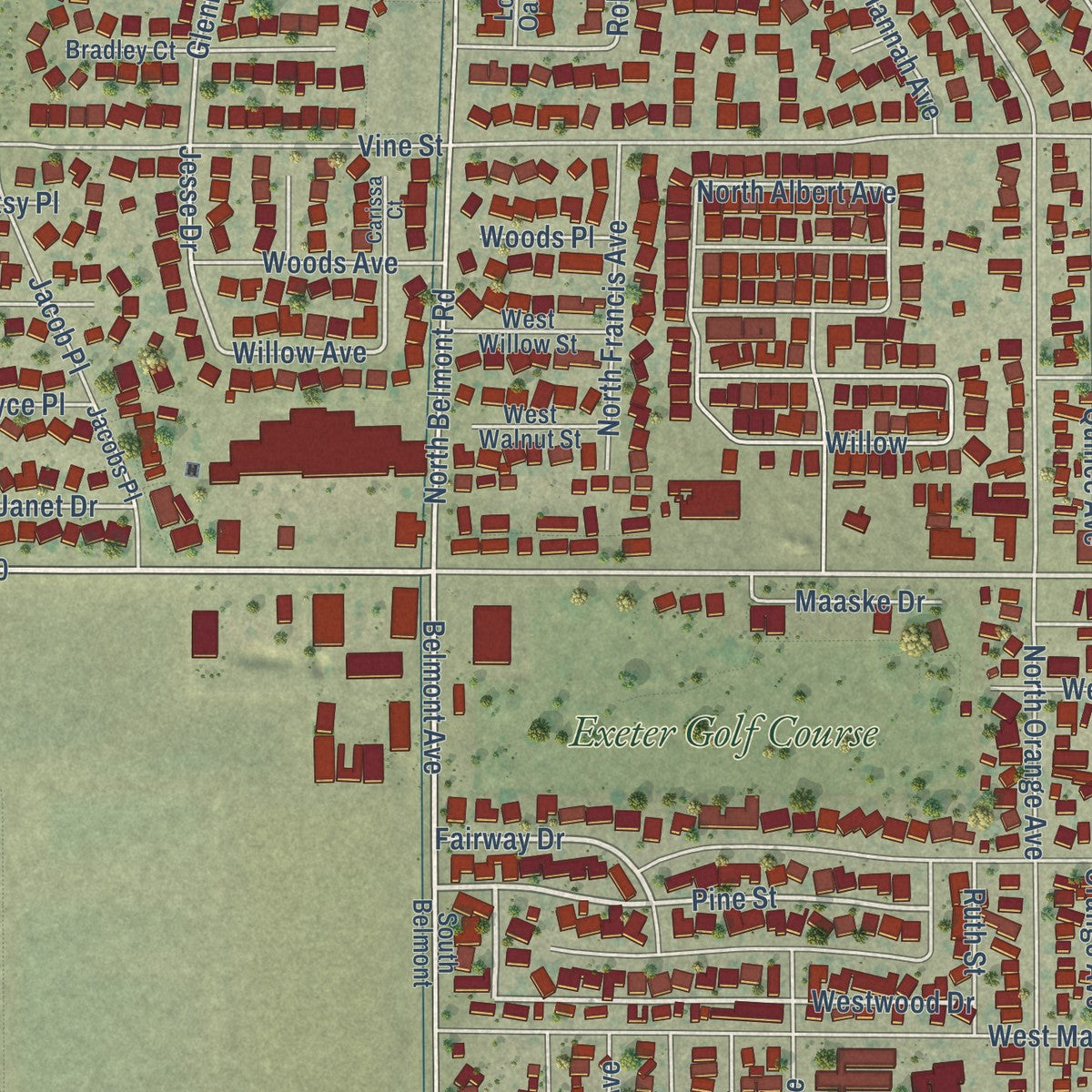 Second close-up of the map of Exeter, California print showing more streets and buildings