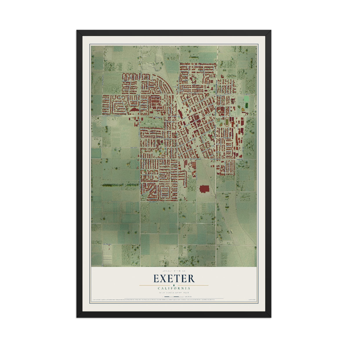 Map of Exeter, California, 12 x 18 inch print in a black wood frame