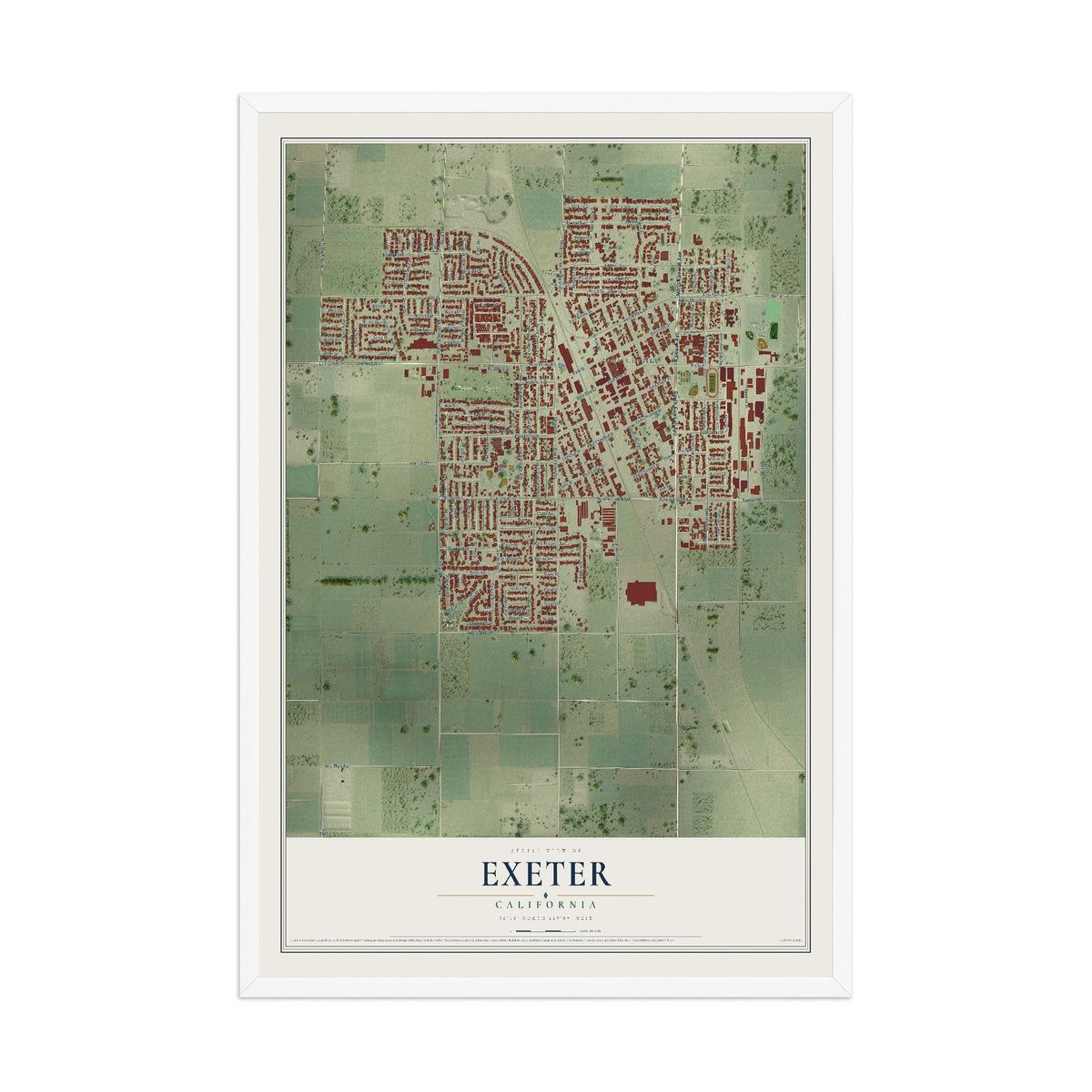 Map of Exeter, California, 12 x 18 inch print in a white wood frame