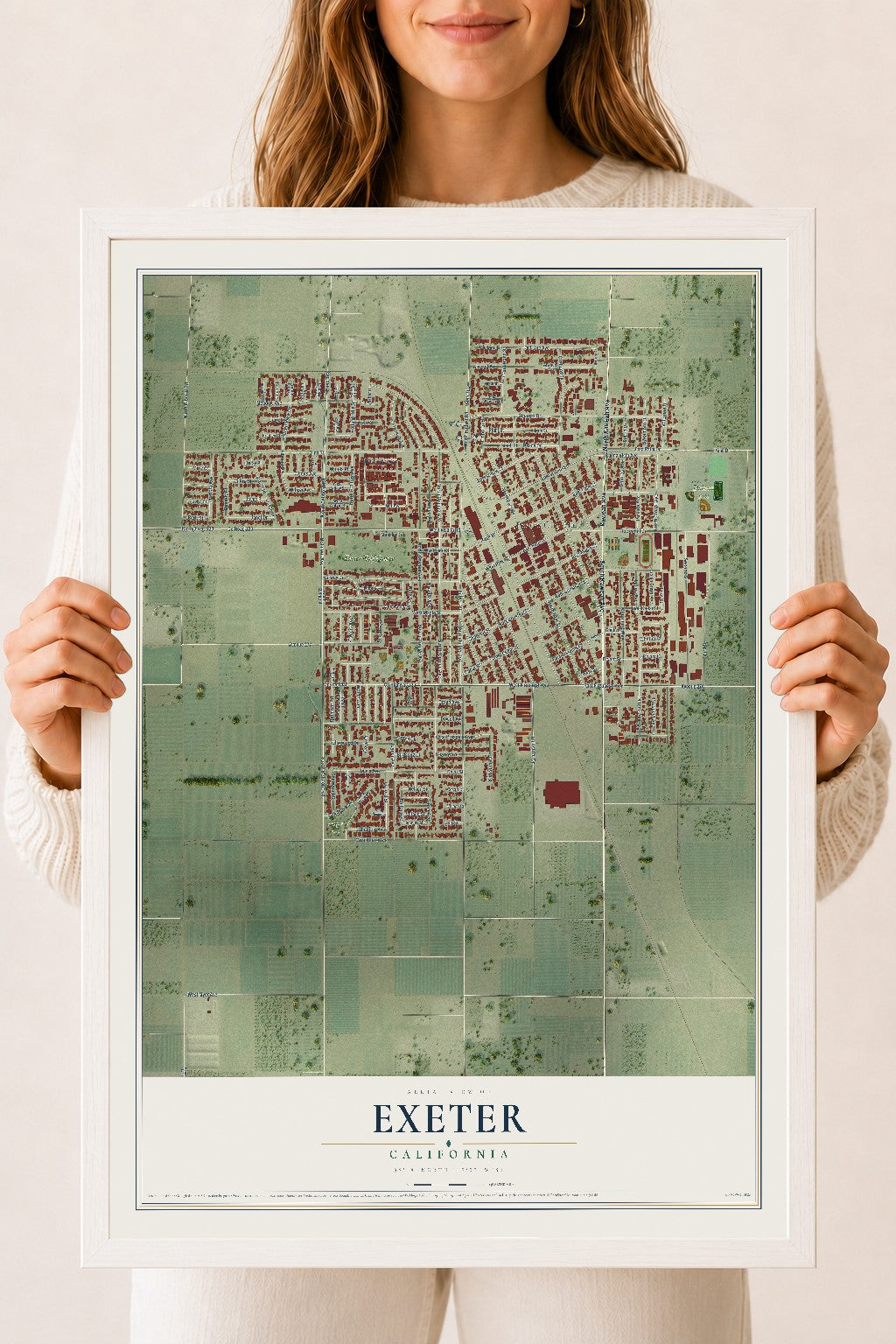 Map of Exeter, California, 18 x 24 inch print in a white wood frame