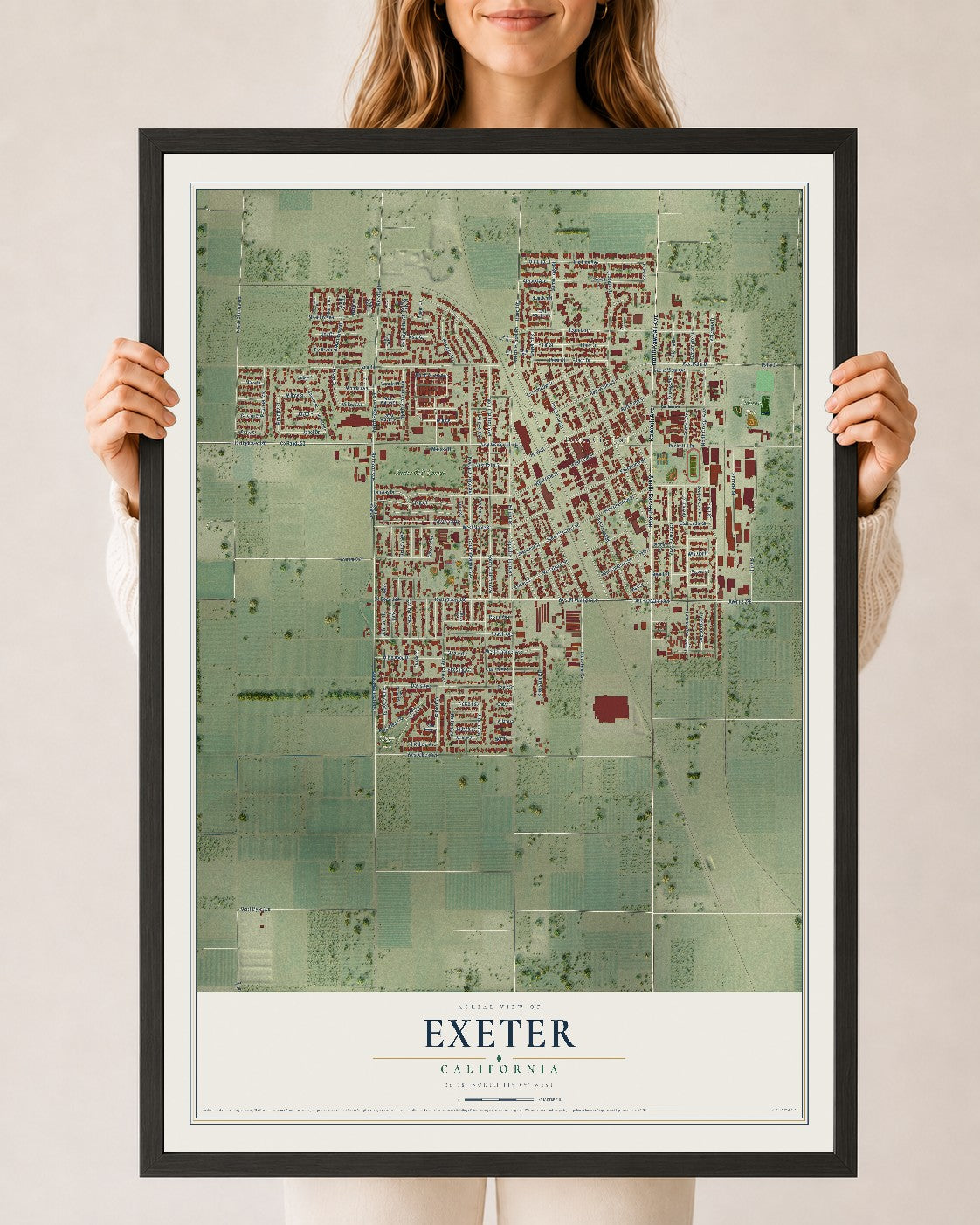 Map of Exeter, California, 24 x 36 inch print in a black wood frame