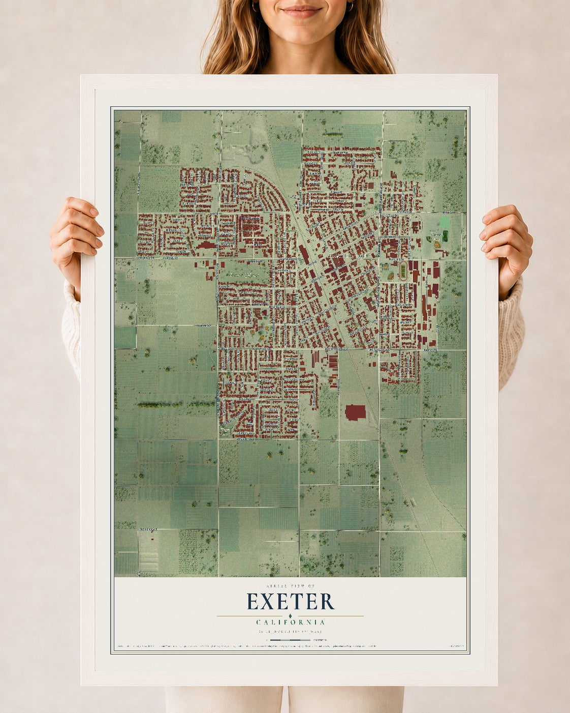 Map of Exeter, California, 24 x 36 inch print in a white wood frame
