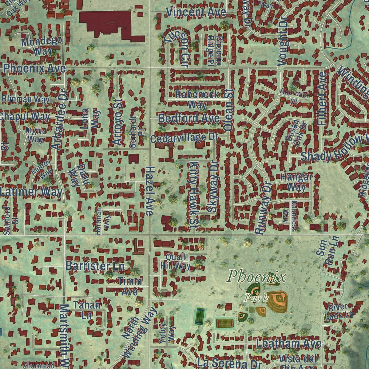 Close-up of the map of Fair Oaks, California print showing street and building detail