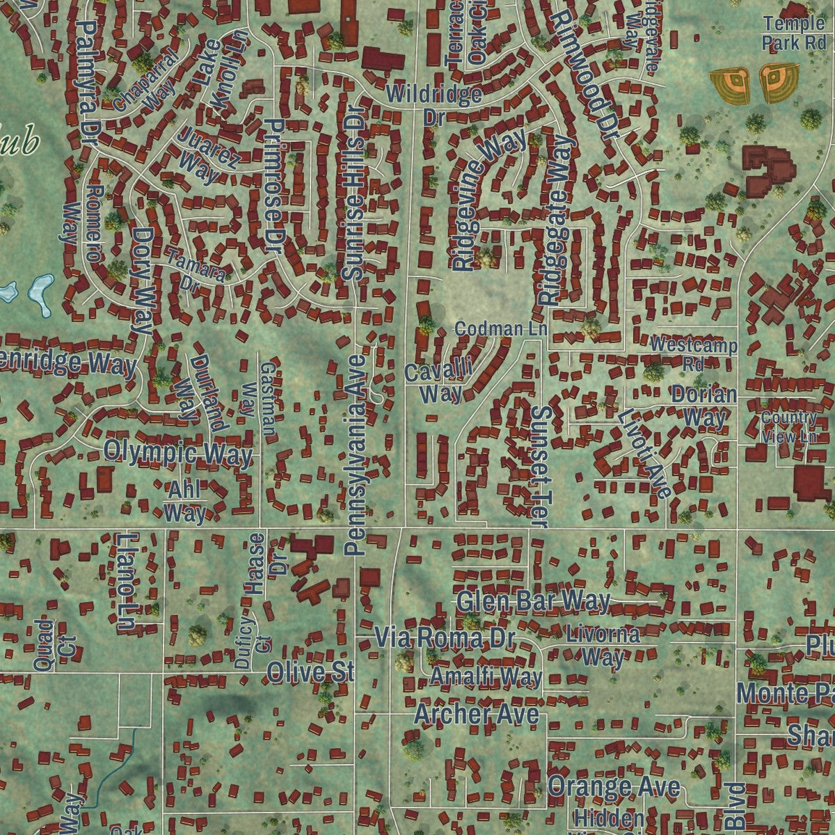 Second close-up of the map of Fair Oaks, California print showing more streets and buildings