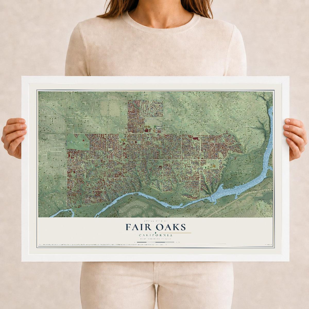 Map of Fair Oaks, California, 12 x 18 inch print in a white wood frame