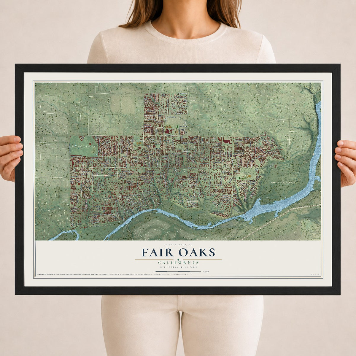 Map of Fair Oaks, California, 18 x 24 inch print in a black wood frame