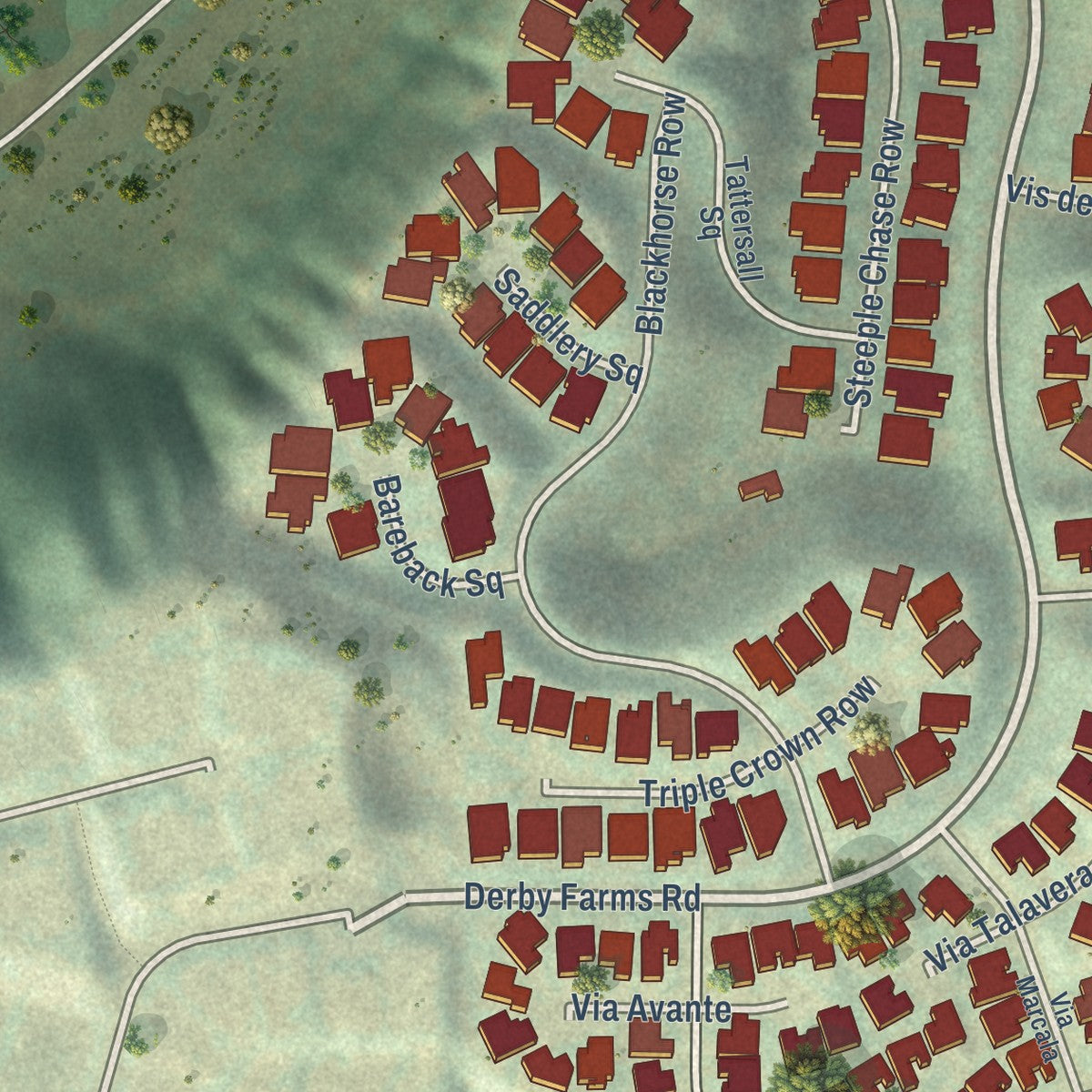 Close-up of the map of Fairbanks Ranch Country Club, California print showing street and building detail