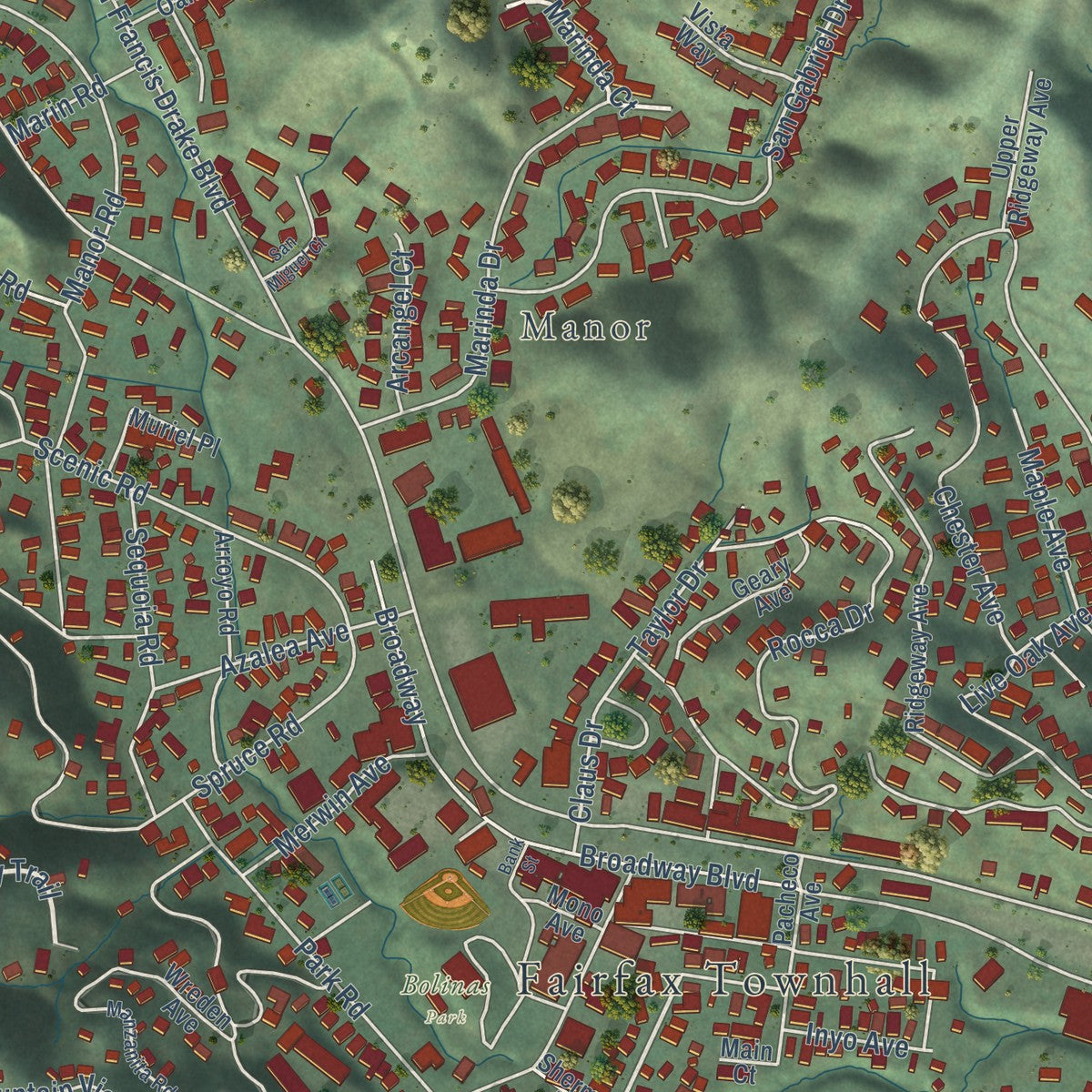 Close-up of the map of Fairfax, California print showing street and building detail