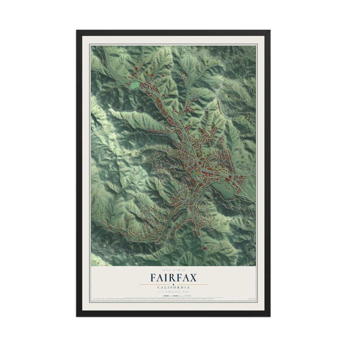 Map of Fairfax, California, 12 x 18 inch print in a black wood frame