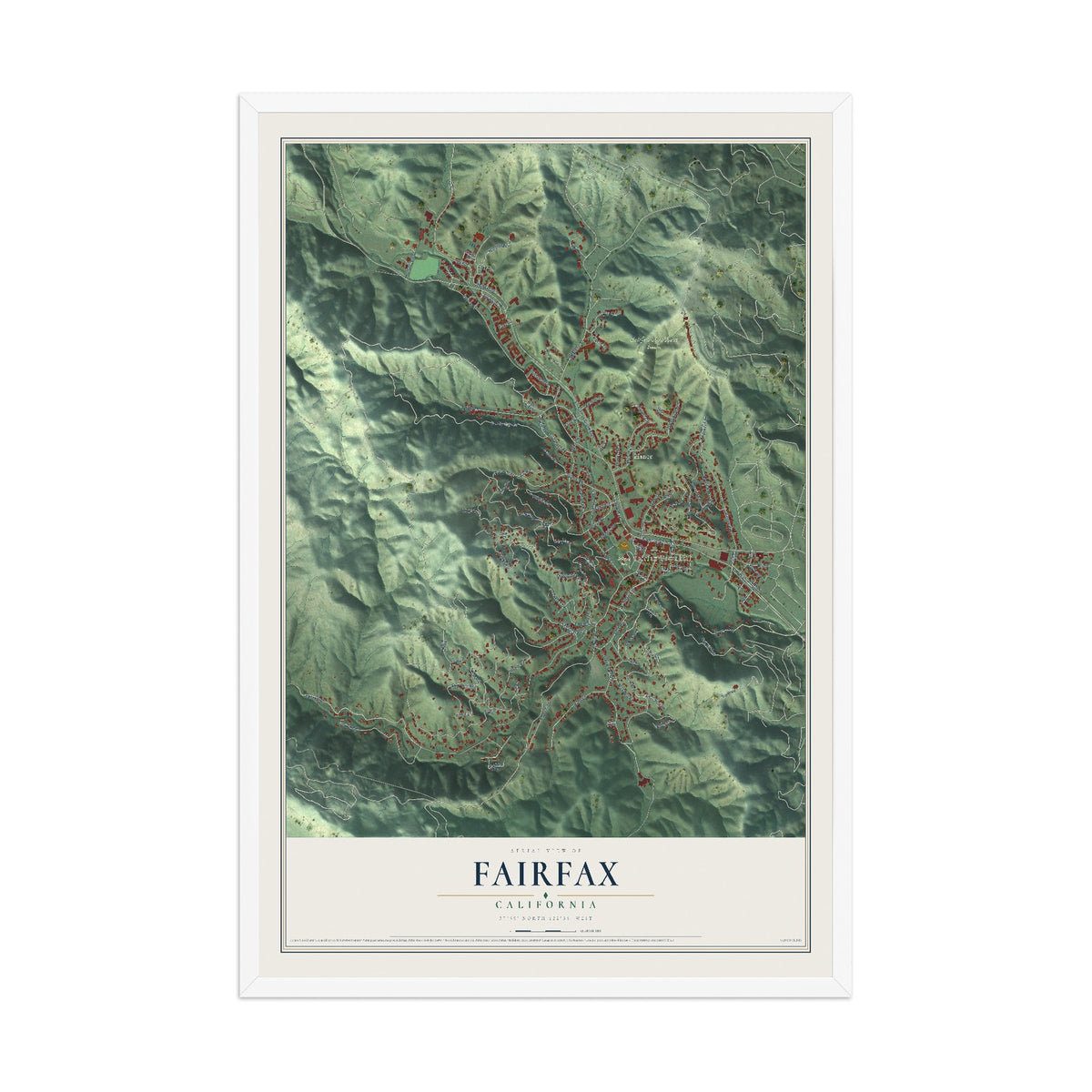 Map of Fairfax, California, 12 x 18 inch print in a white wood frame