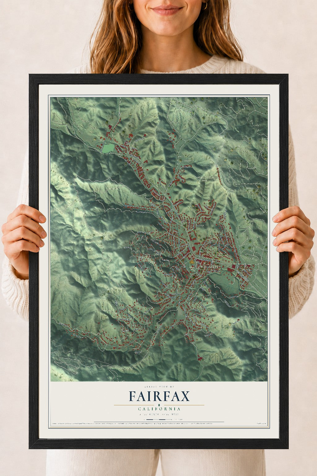Map of Fairfax, California, 18 x 24 inch print in a black wood frame