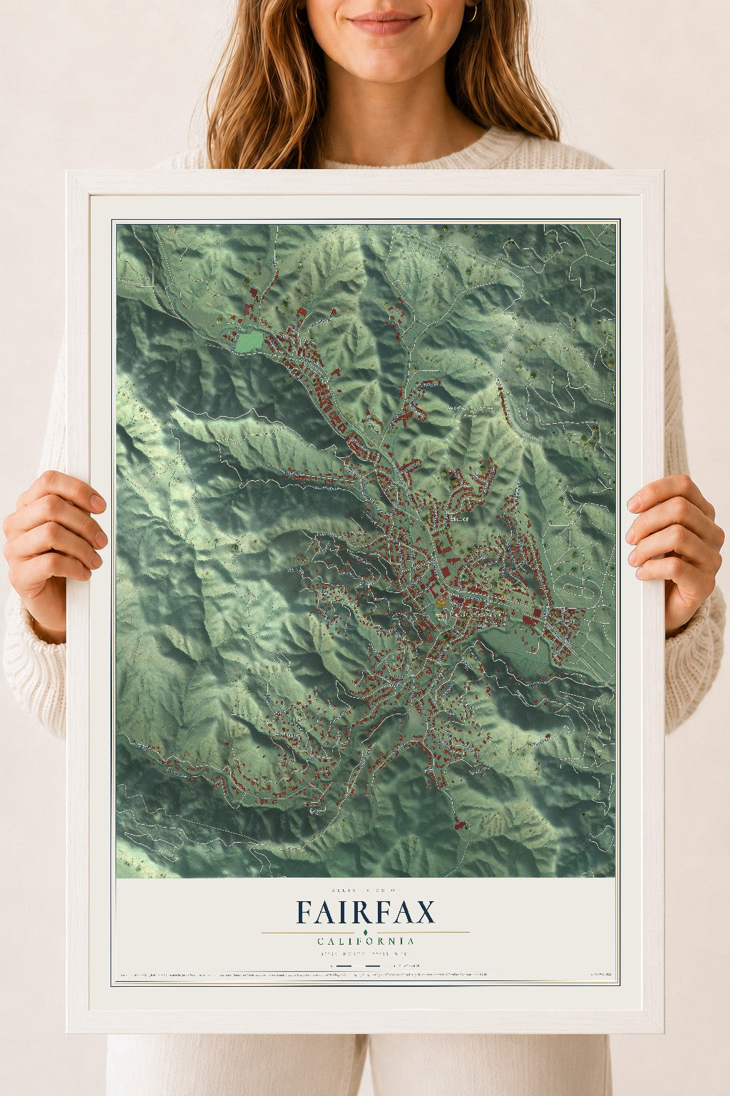 Map of Fairfax, California, 18 x 24 inch print in a white wood frame