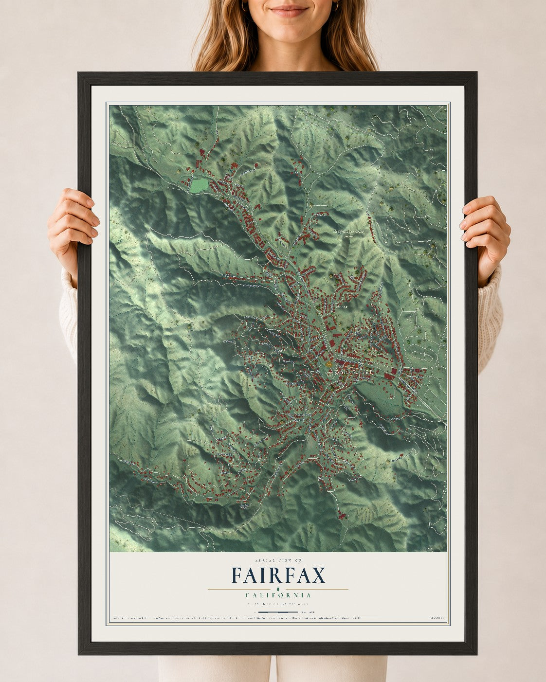 Map of Fairfax, California, 24 x 36 inch print in a black wood frame