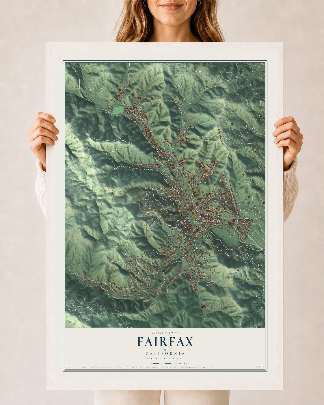 Map of Fairfax, California, 24 x 36 inch print in a white wood frame
