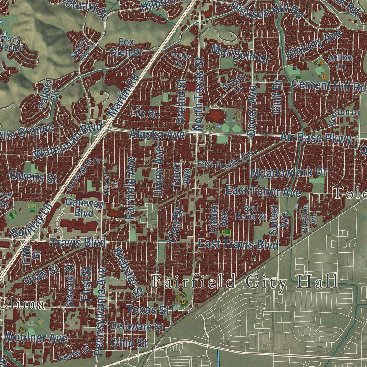 Close-up of the map of Fairfield, California print showing street and building detail