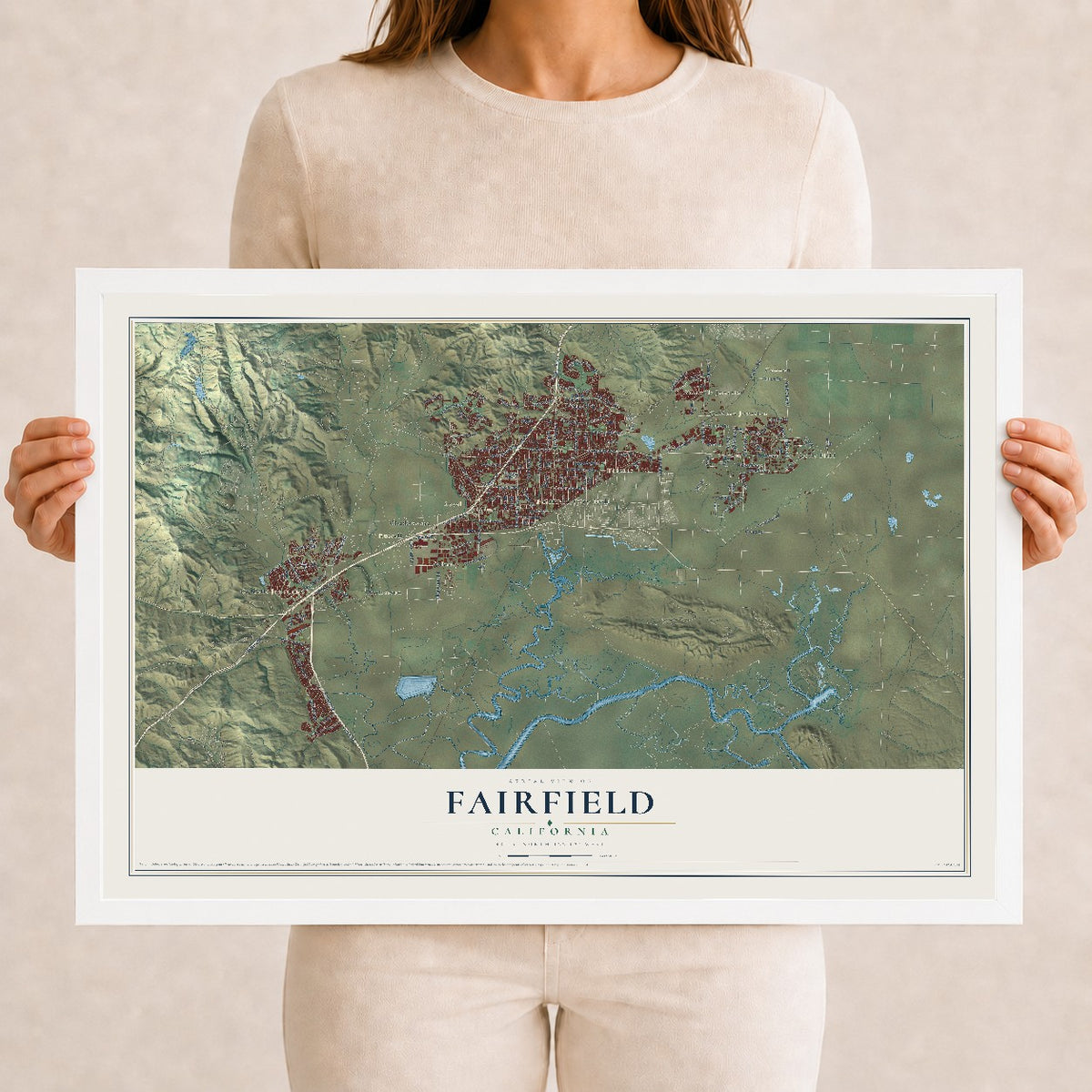 Map of Fairfield, California, 12 x 18 inch print in a white wood frame