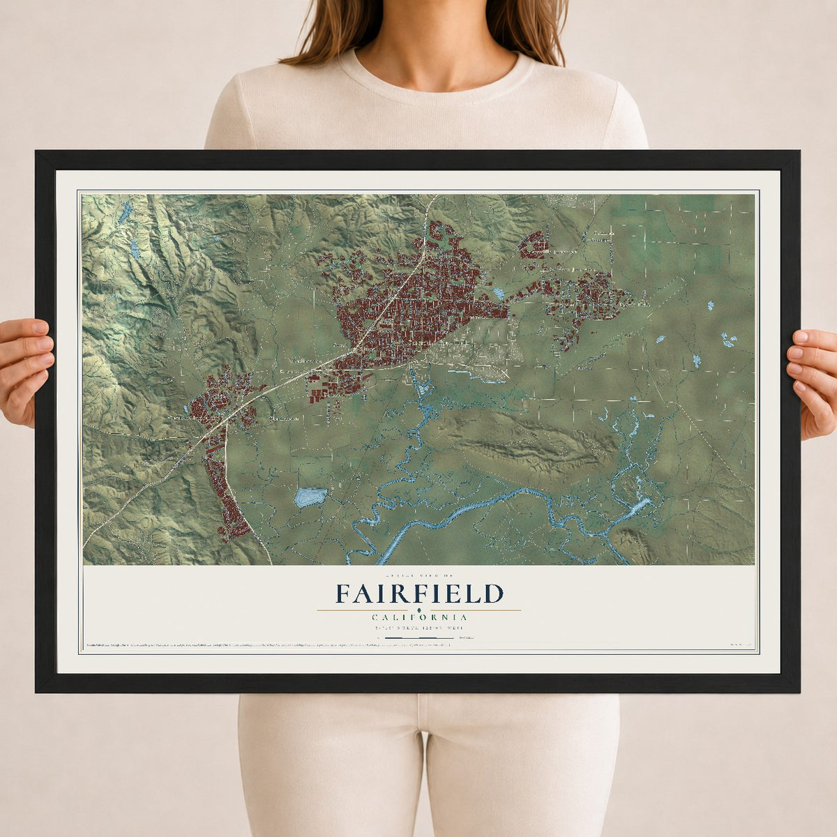 Map of Fairfield, California, 18 x 24 inch print in a black wood frame