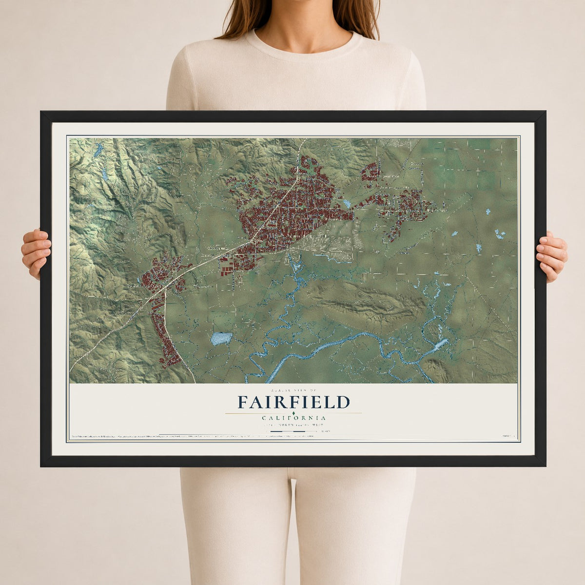 Map of Fairfield, California, 24 x 36 inch print in a black wood frame