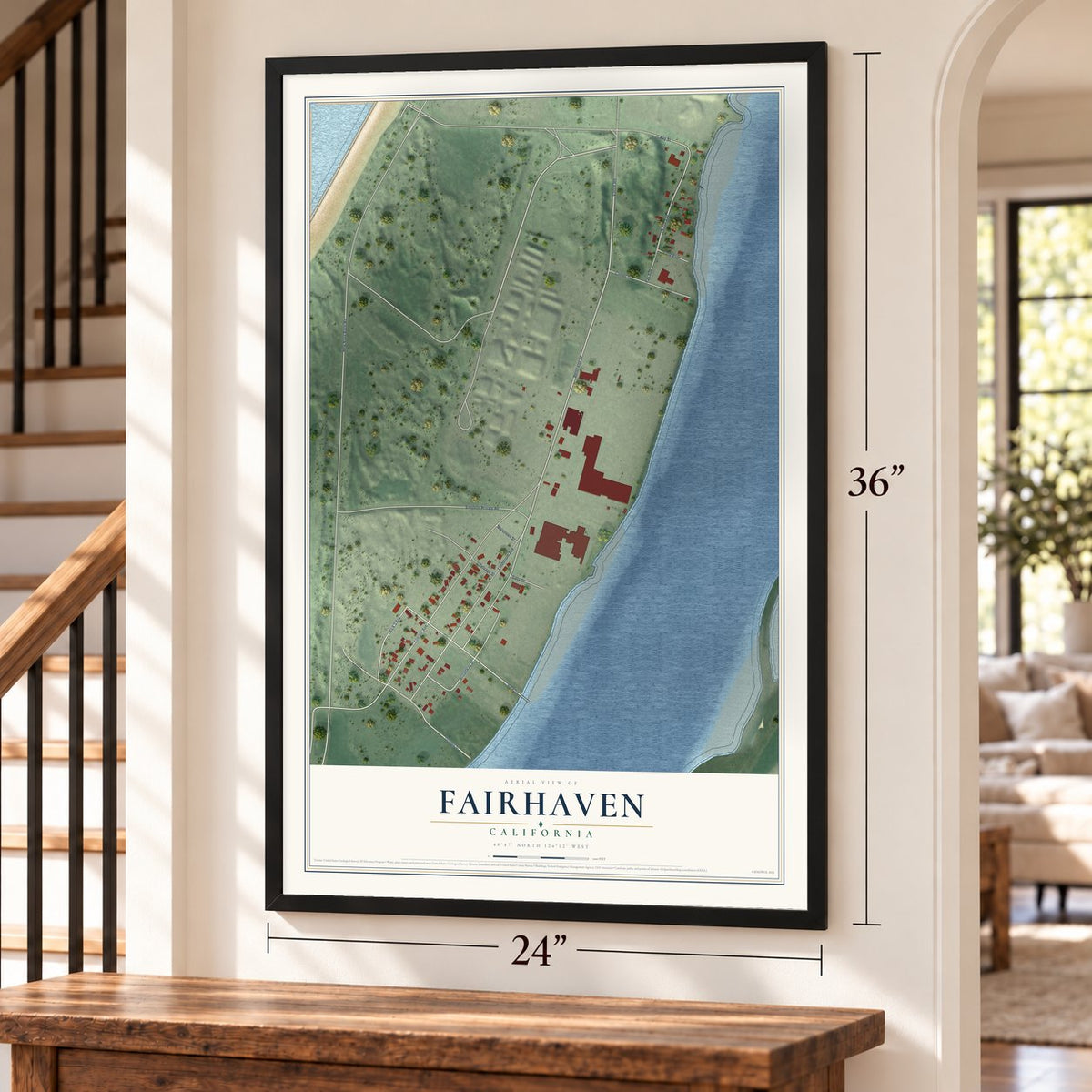 Fairhaven, California map, 24 x 36 inch print in a black frame by a staircase