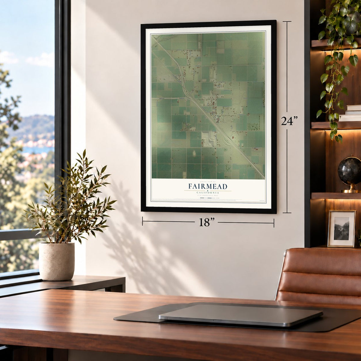 Fairmead, California map, 18 x 24 inch print in a black frame in a home office