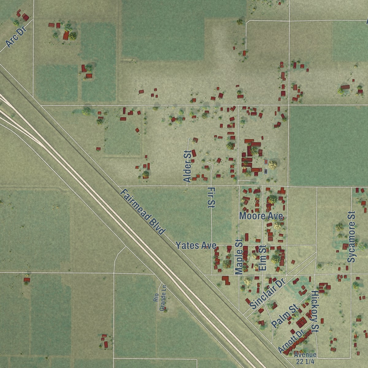 Close-up of the map of Fairmead, California print showing street and building detail