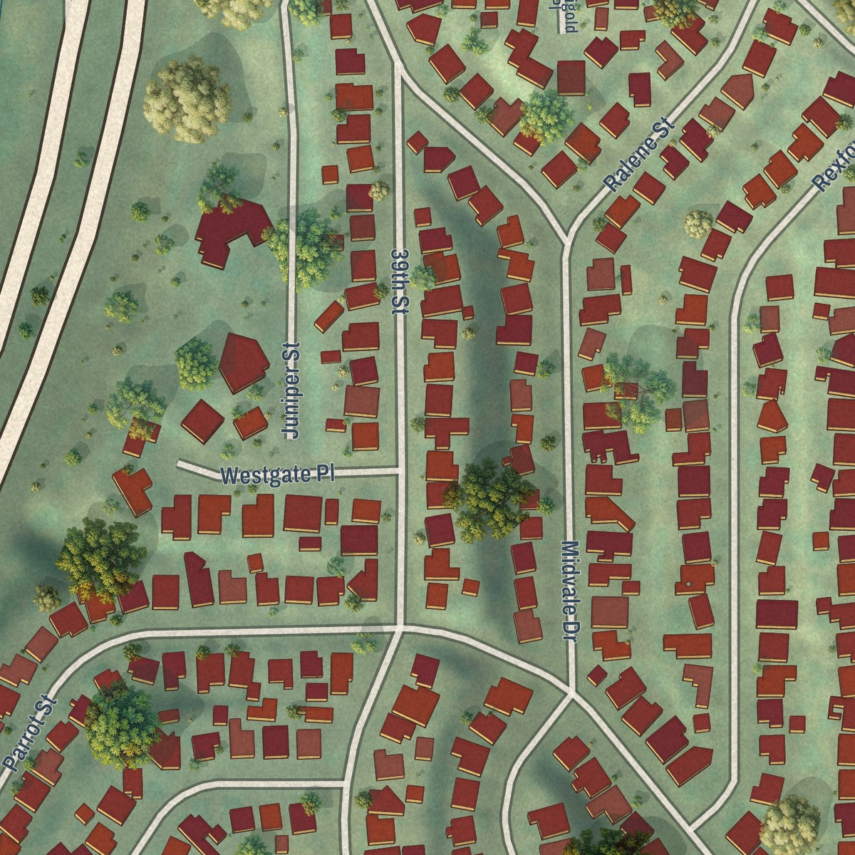 Close-up of the map of Fairmount Park, California print showing street and building detail