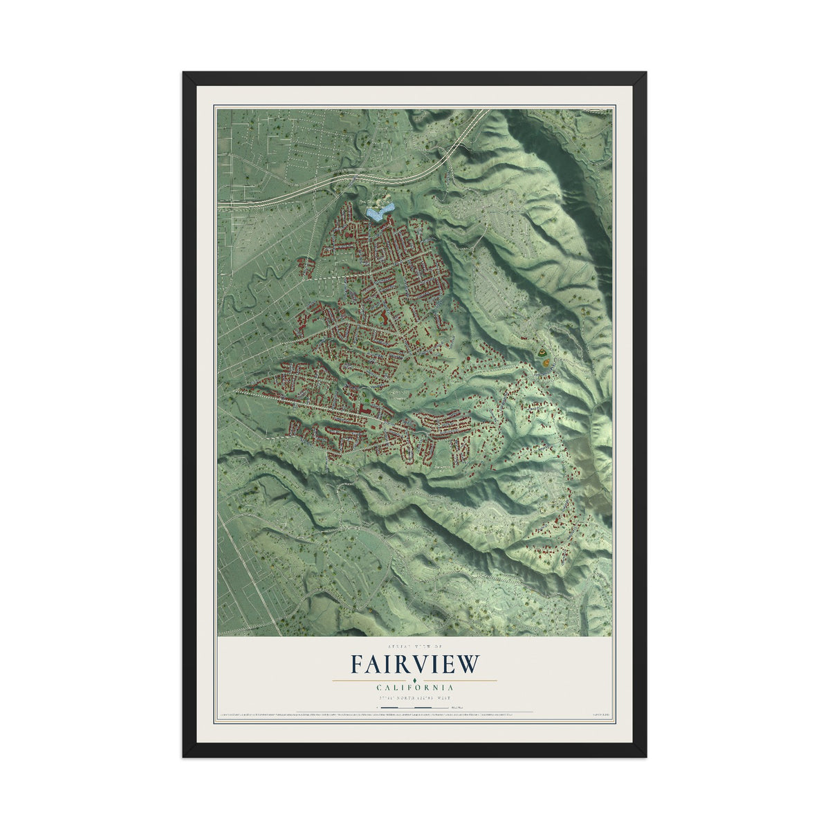 Map of Fairview, California, 12 x 18 inch print in a black wood frame