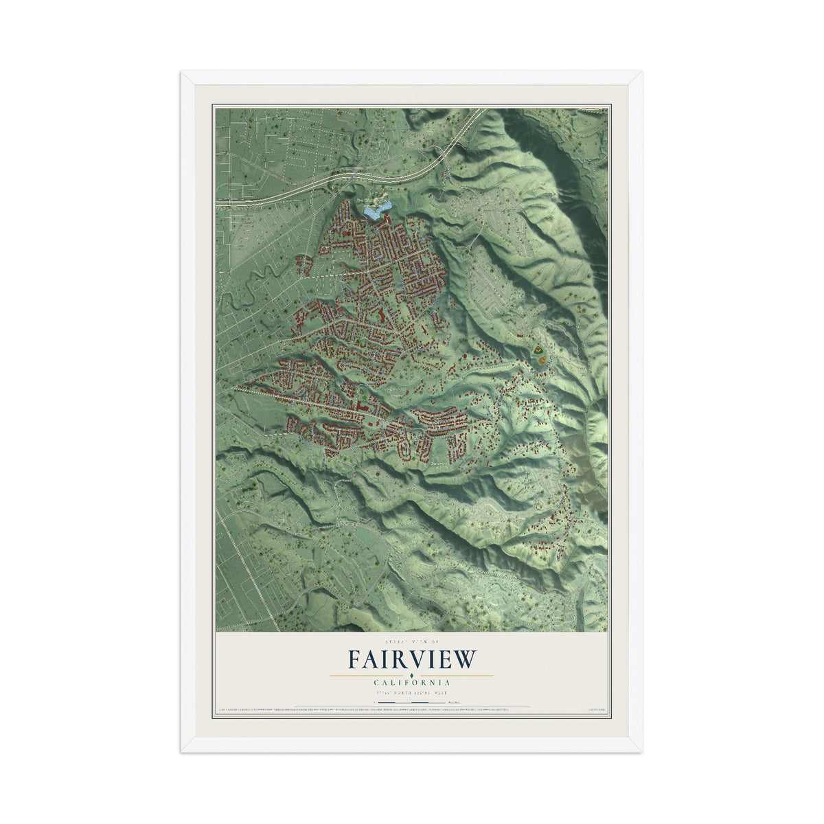 Map of Fairview, California, 12 x 18 inch print in a white wood frame