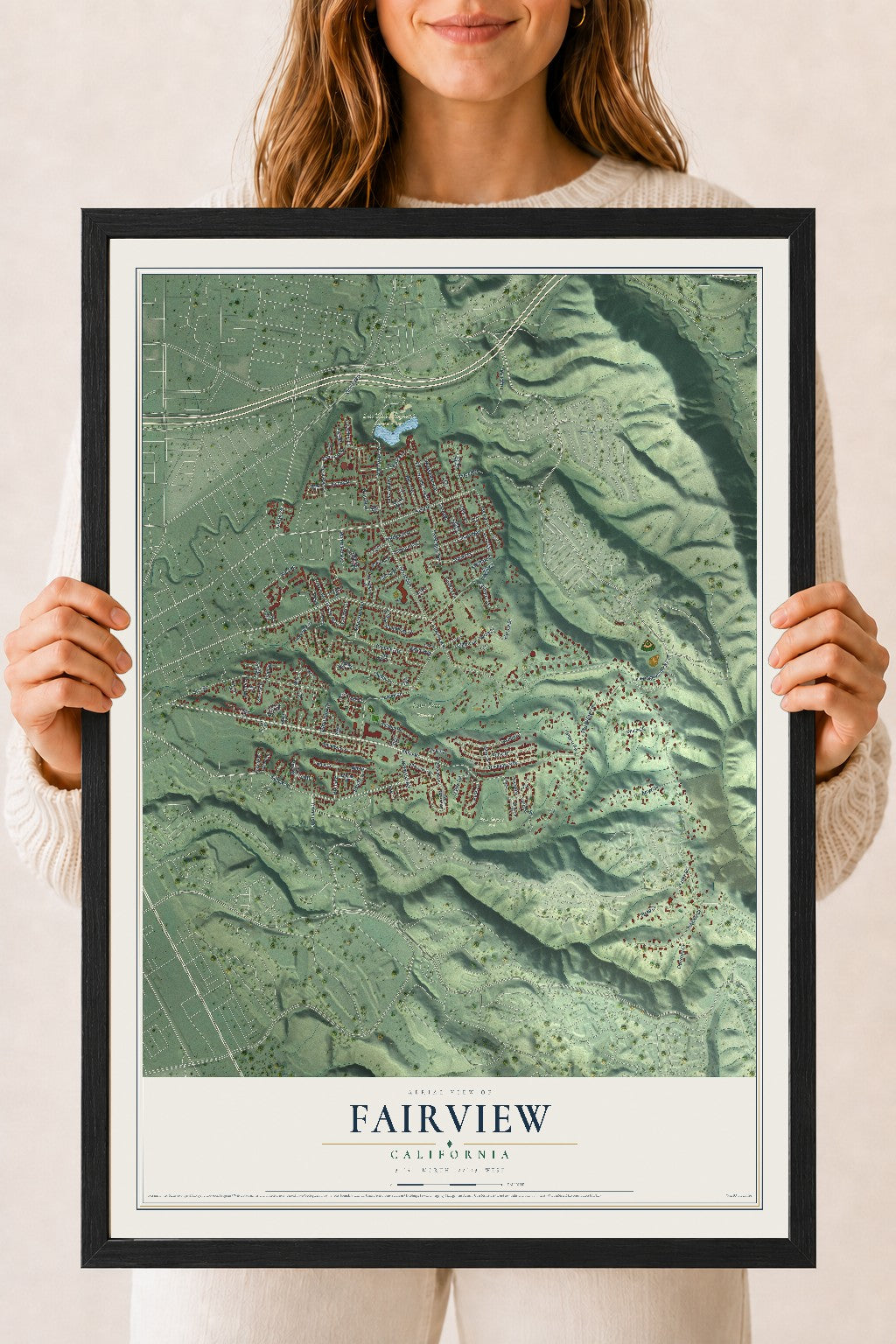 Map of Fairview, California, 18 x 24 inch print in a black wood frame