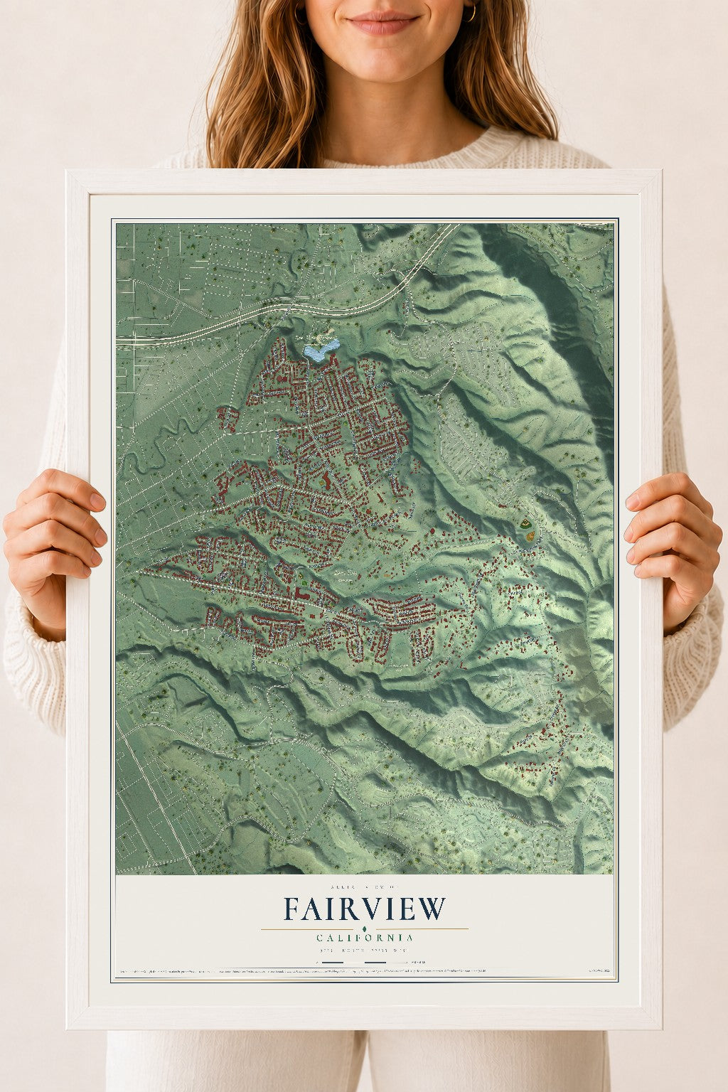 Map of Fairview, California, 18 x 24 inch print in a white wood frame